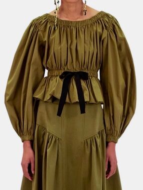 ULLA JOHNSON Kira Blouse in Willow Green Khaki Bow Top Long Sleeves Cotton Sz 0